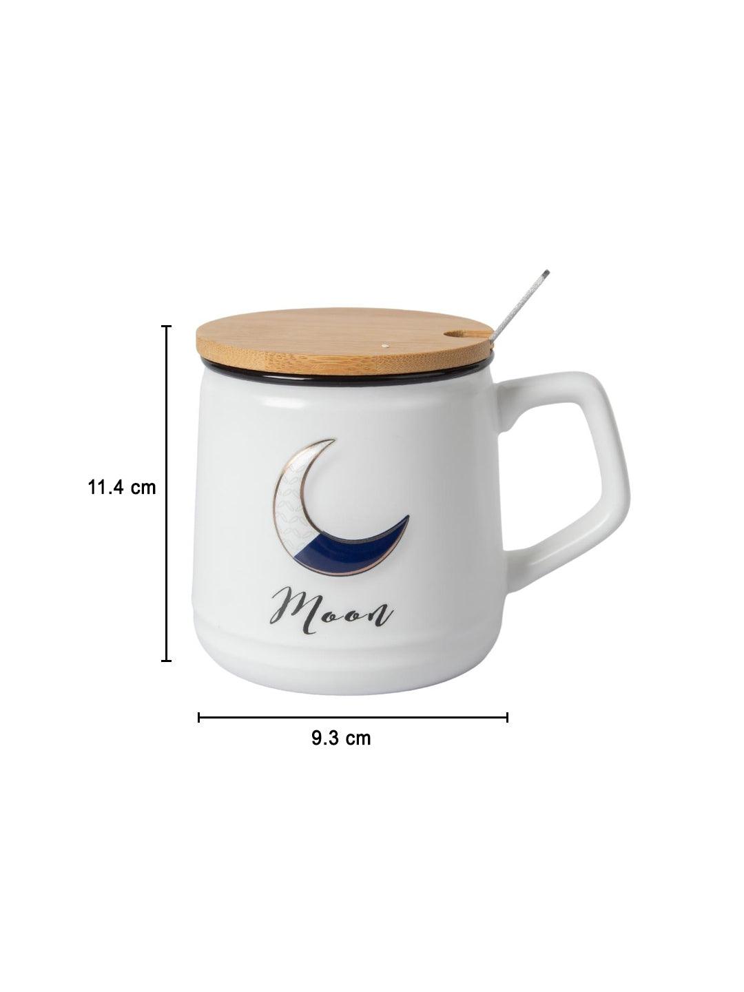 Moon Ceramic Coffee Mug With Lid - 350 ml, Mixing Spoon