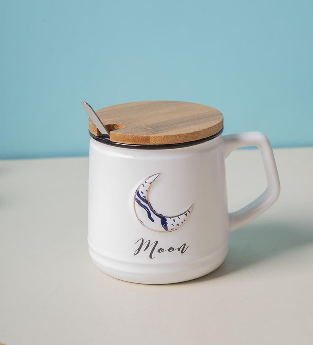 Moon Ceramic Coffee Mug With Lid - 350 ml, Stirring Spoon