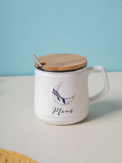 Moon Ceramic Coffee Mug With Lid - 350 ml, Stirring Spoon