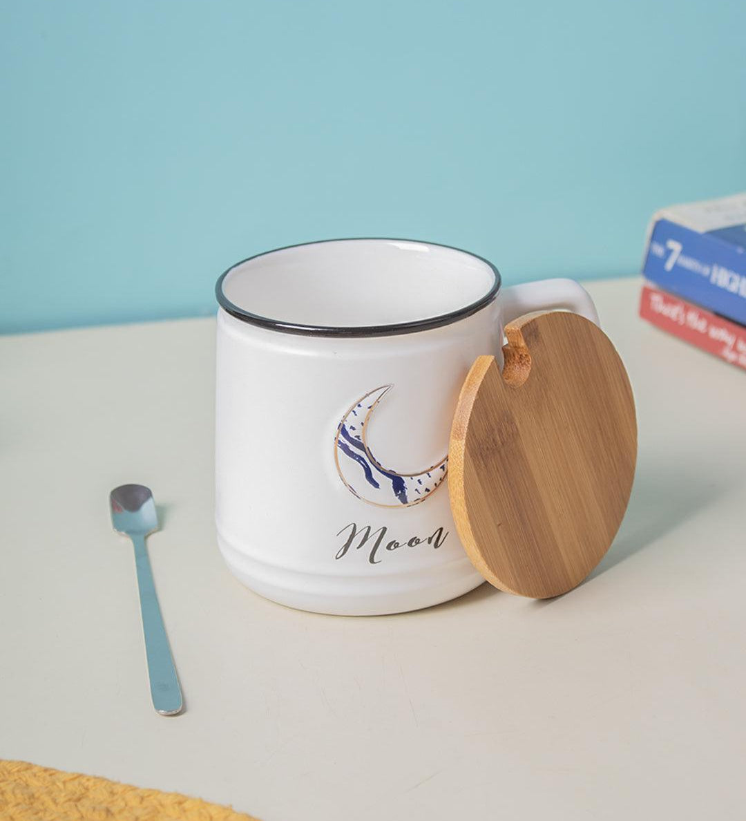 Moon Ceramic Coffee Mug With Lid - 350 ml, Stirring Spoon