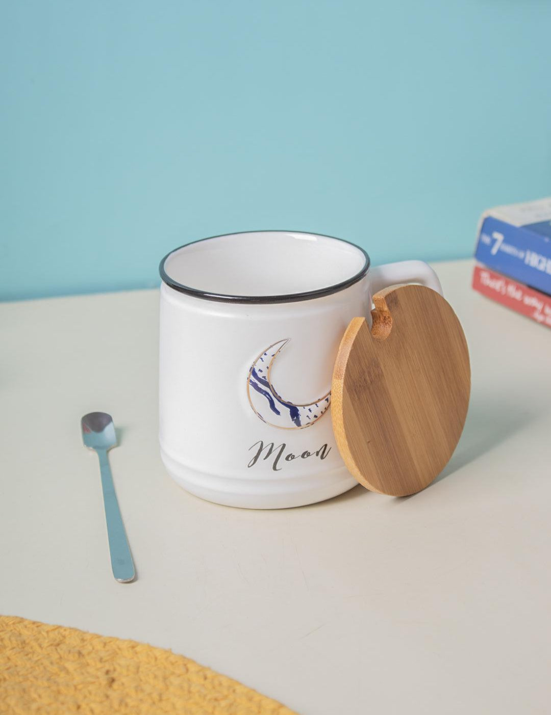 Moon Ceramic Coffee Mug With Lid - 350 ml, Stirring Spoon