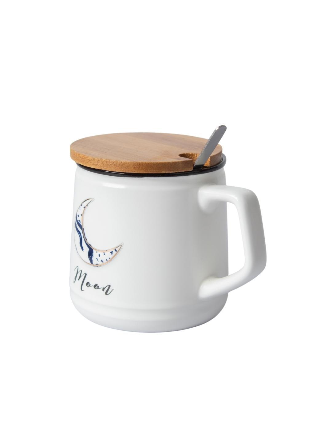 Moon Ceramic Coffee Mug With Lid - 350 ml, Stirring Spoon