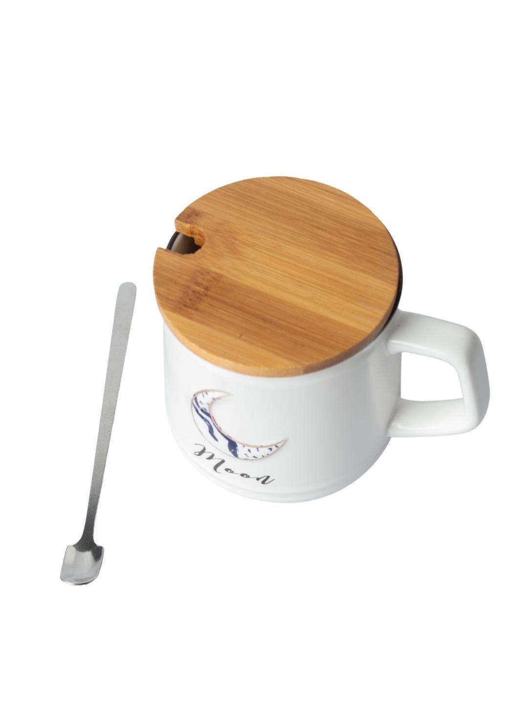 Moon Ceramic Coffee Mug With Lid - 350 ml, Stirring Spoon