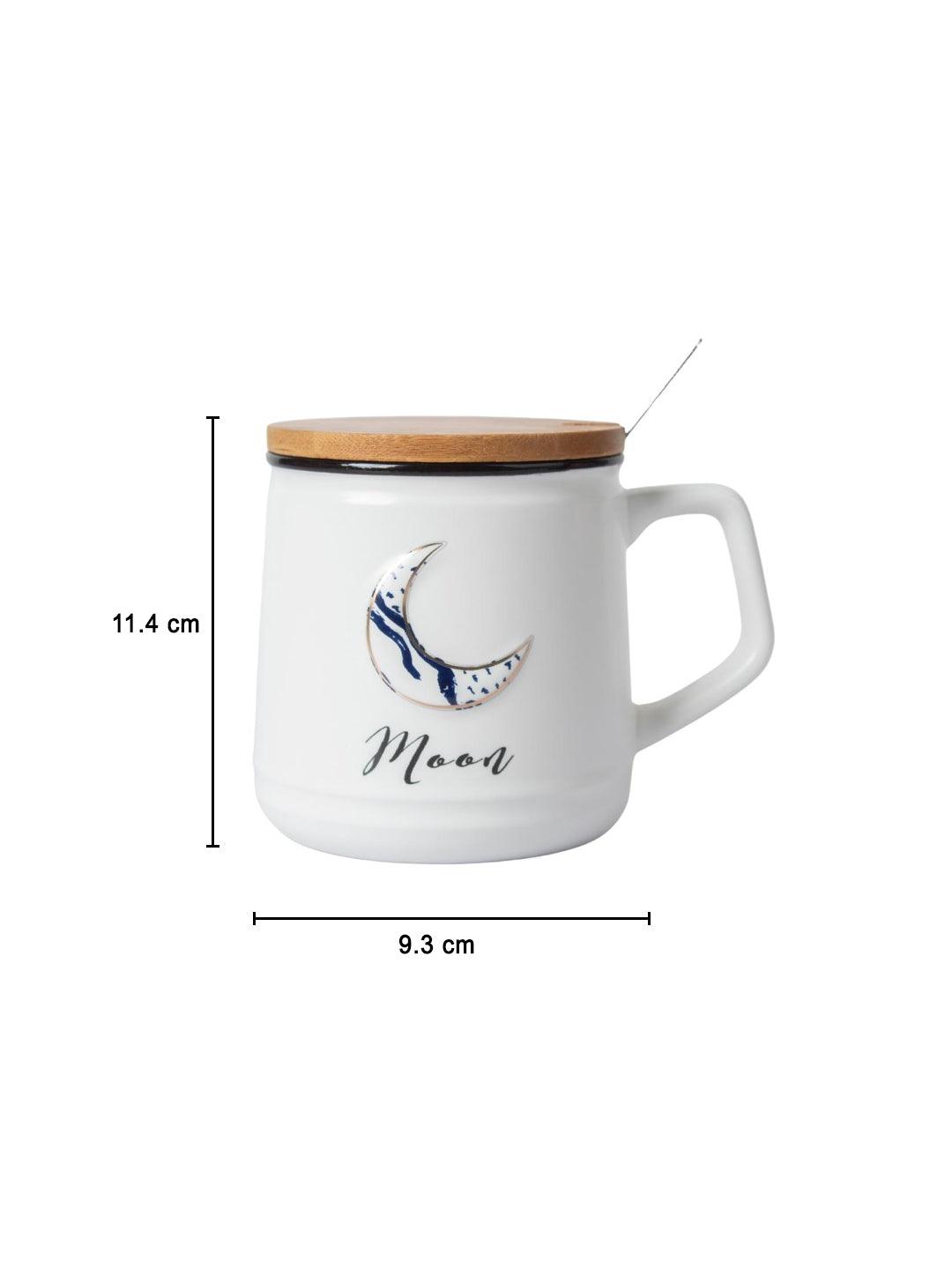 Moon Ceramic Coffee Mug With Lid - 350 ml, Stirring Spoon