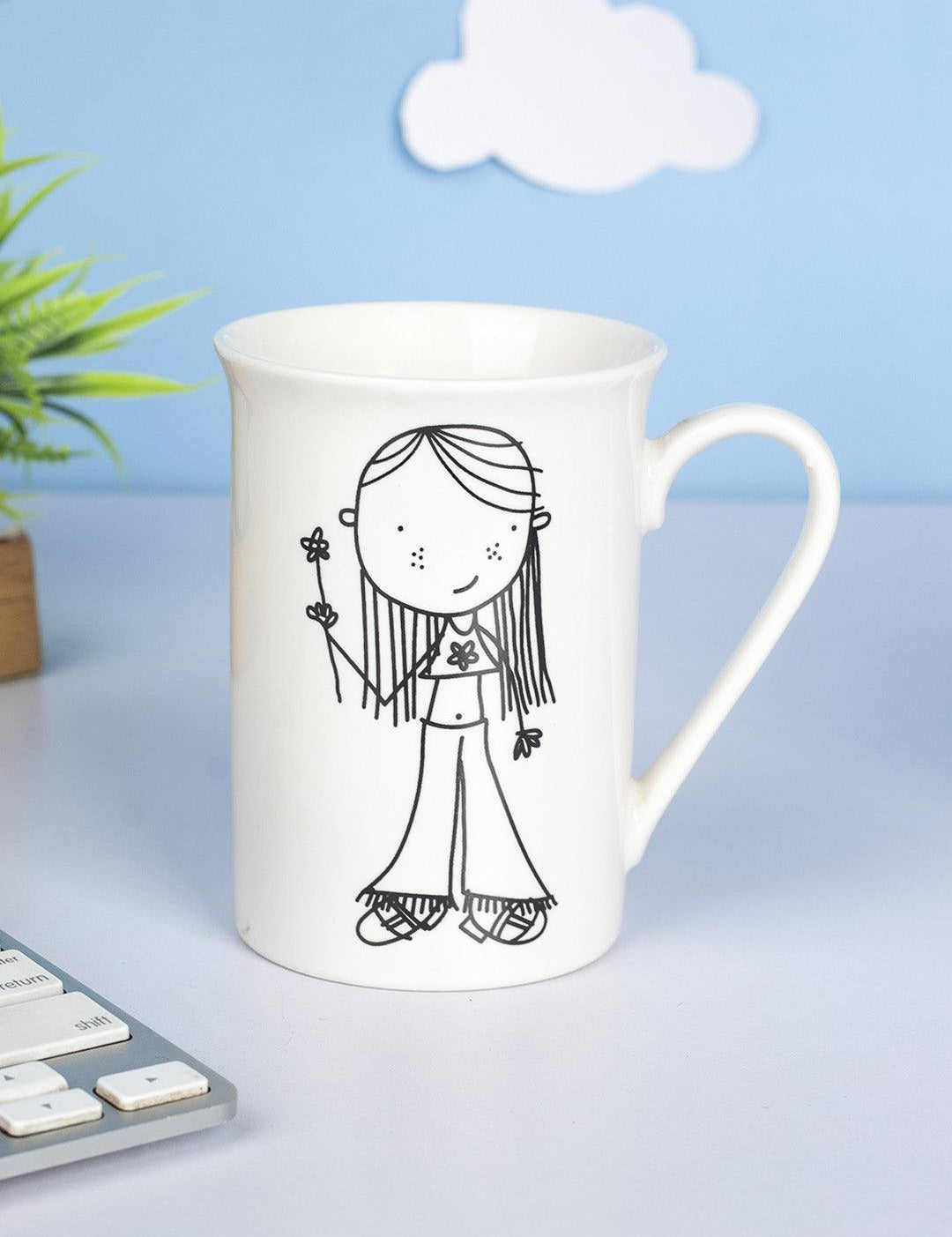 Mug, with Cartoon Sketch Print, White, Ceramic, 320 mL - MARKET 99