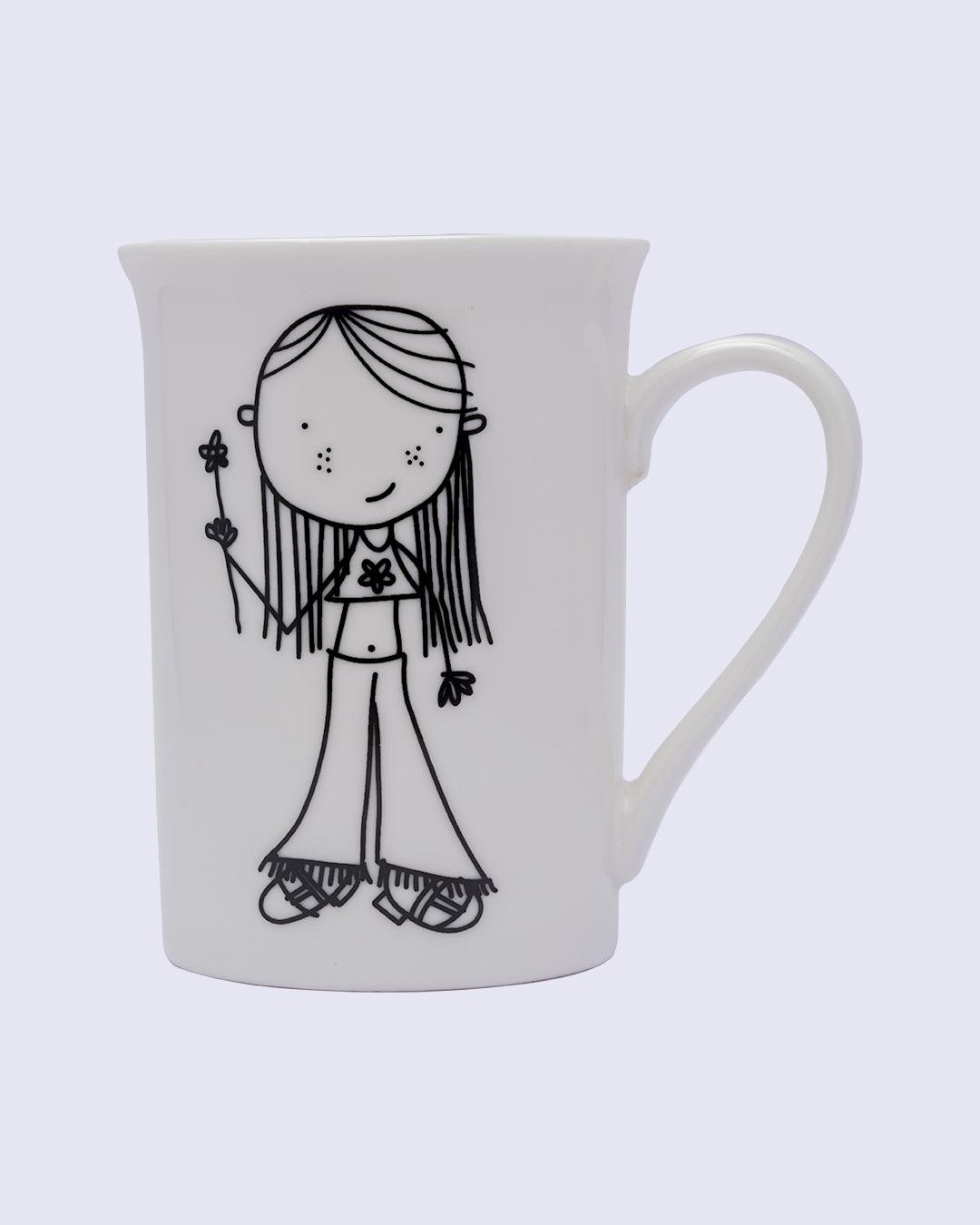 Mug, with Cartoon Sketch Print, White, Ceramic, 320 mL - MARKET 99