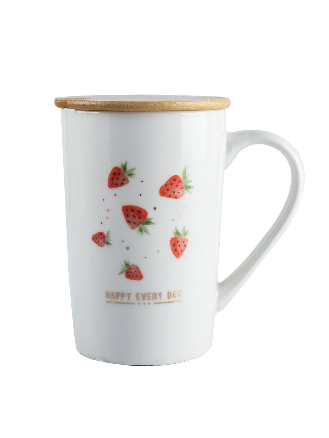 Mug with Lid & Spoon, Botanical Print, Tea & Coffee Mug, White, Ceramic, 400 mL - MARKET 99