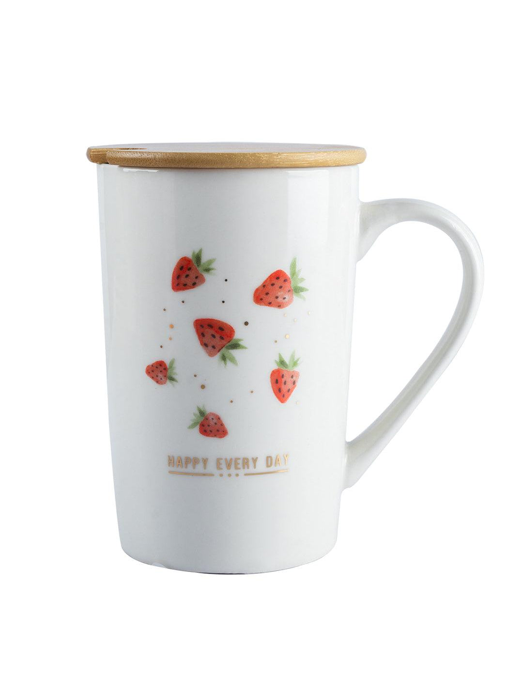 Mug with Lid & Spoon, Botanical Print, Tea & Coffee Mug, White, Ceramic, 400 mL - MARKET 99