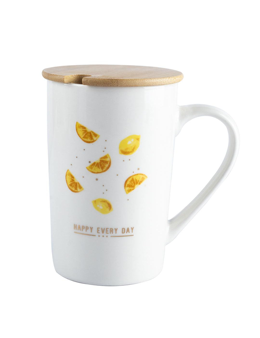 Mug with Lid & Spoon, Botanical Print, Tea & Coffee Mug, White, Ceramic, 400 mL - MARKET 99