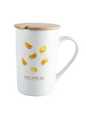 Mug with Lid & Spoon, Botanical Print, Tea & Coffee Mug, White, Ceramic, 400 mL - MARKET 99