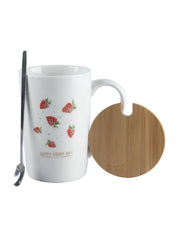 Mug with Lid & Spoon, Botanical Print, Tea & Coffee Mug, White, Ceramic, 400 mL - MARKET 99