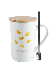 Mug with Lid & Spoon, Botanical Print, Tea & Coffee Mug, White, Ceramic, 400 mL - MARKET 99