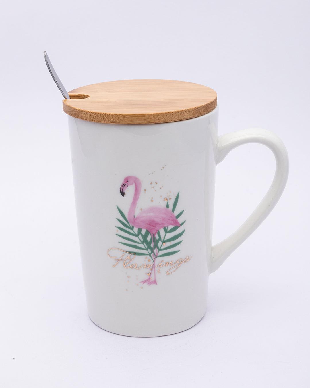 Mug with Lid & Spoon, Flamingo Print, Tea & Coffee Mug, Ceramic, White, 400 mL - MARKET 99