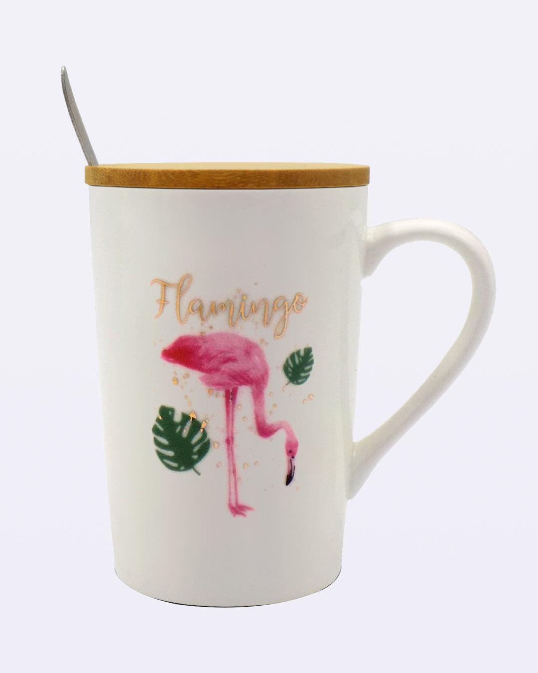 Mug with Lid & Spoon, Flamingo Print, Tea & Coffee Mug, Ceramic, White, 400 mL - MARKET 99