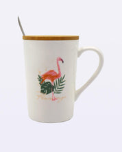 Mug with Lid & Spoon, Flamingo Print, Tea & Coffee Mug, Ceramic, White, 400 mL - MARKET 99