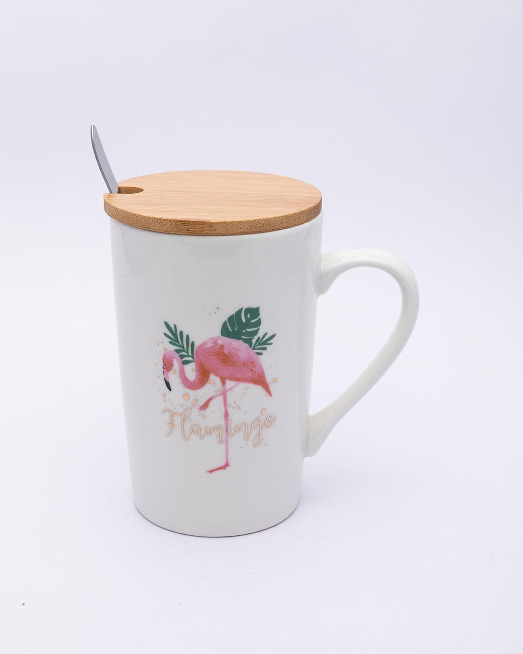 Mug with Lid & Spoon, Flamingo Print, Tea & Coffee Mug, Ceramic, White, 400 mL - MARKET 99