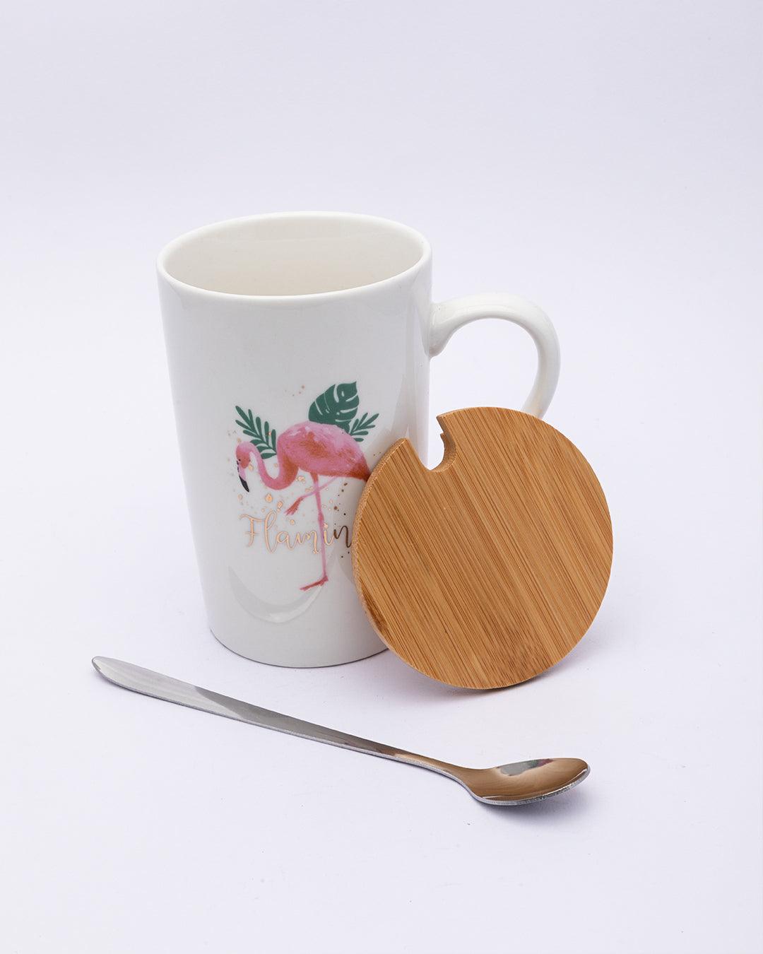 Mug with Lid & Spoon, Flamingo Print, Tea & Coffee Mug, Ceramic, White, 400 mL - MARKET 99