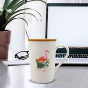 Mug with Lid & Spoon, Flamingo Print, Tea & Coffee Mug, Ceramic, White, 400 mL - MARKET 99