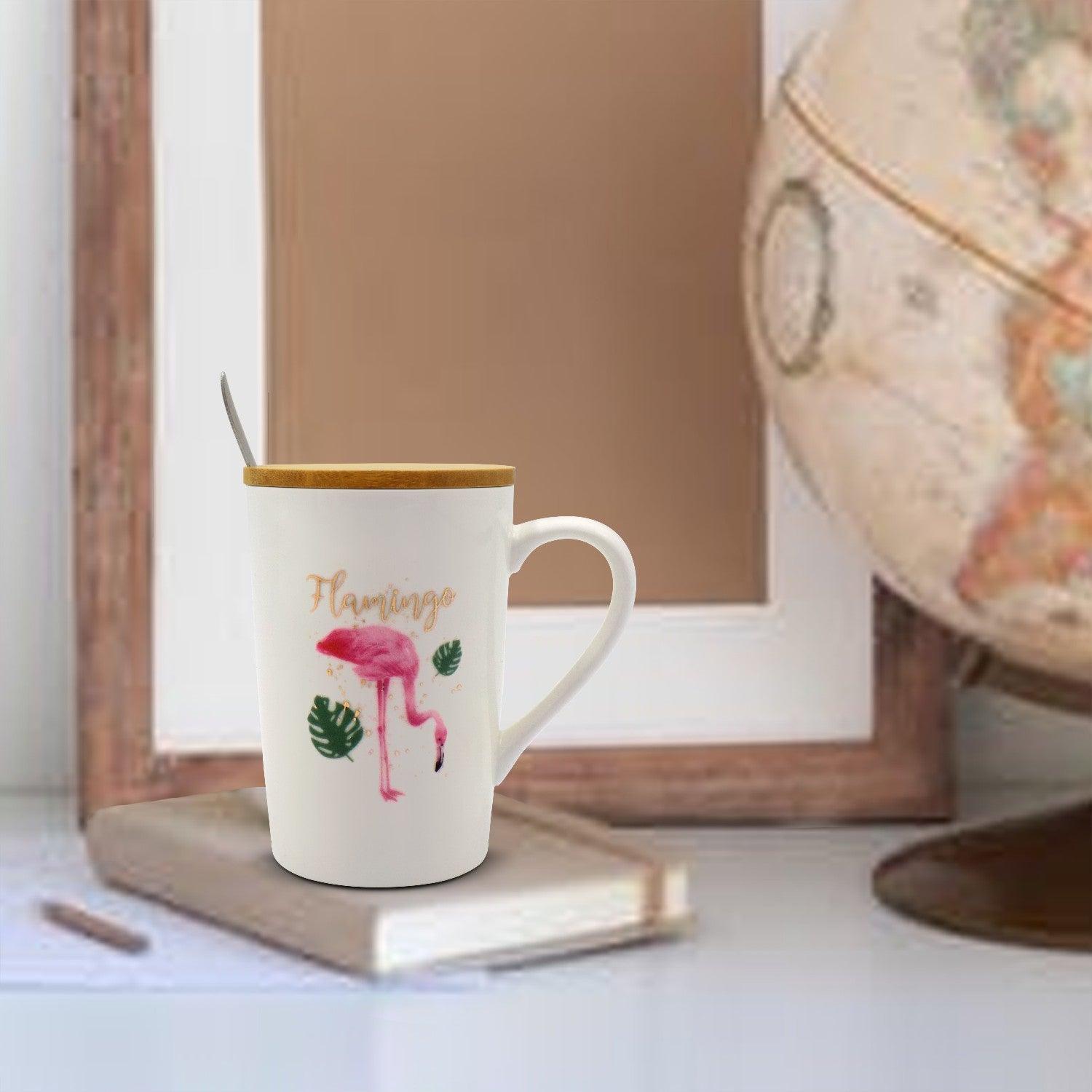 Mug with Lid & Spoon, Flamingo Print, Tea & Coffee Mug, Ceramic, White, 400 mL - MARKET 99