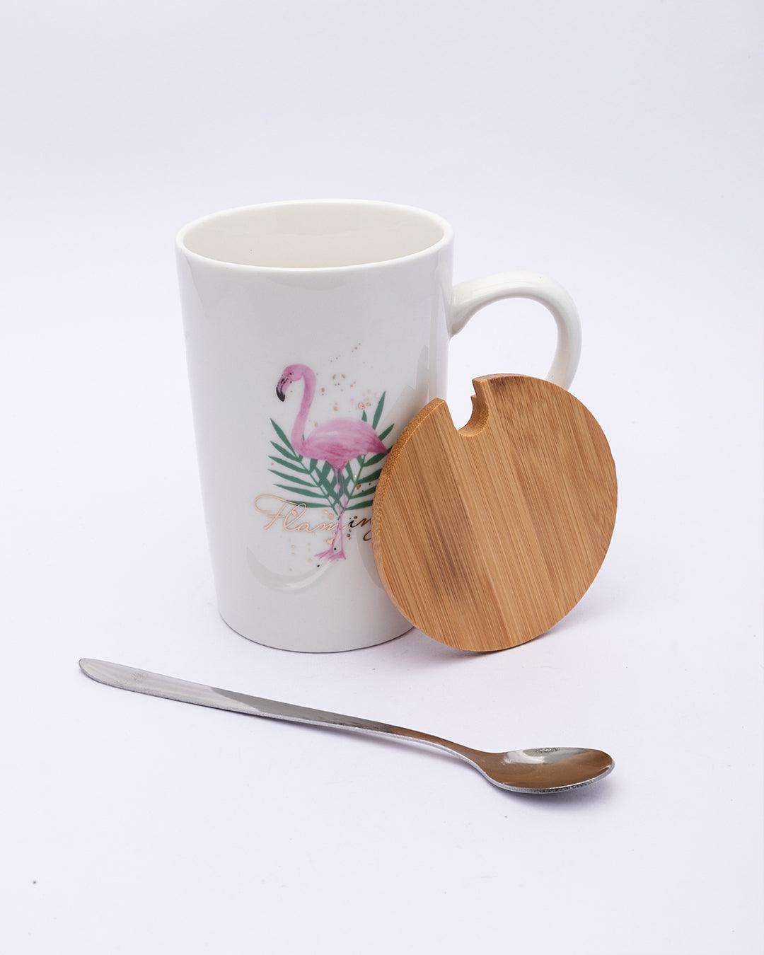 Mug with Lid & Spoon, Flamingo Print, Tea & Coffee Mug, Ceramic, White, 400 mL - MARKET 99