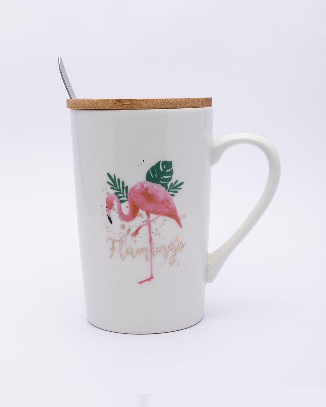 Mug with Lid & Spoon, Flamingo Print, Tea & Coffee Mug, Ceramic, White, 400 mL - MARKET 99