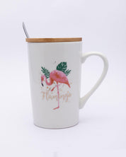 Mug with Lid & Spoon, Flamingo Print, Tea & Coffee Mug, Ceramic, White, 400 mL - MARKET 99