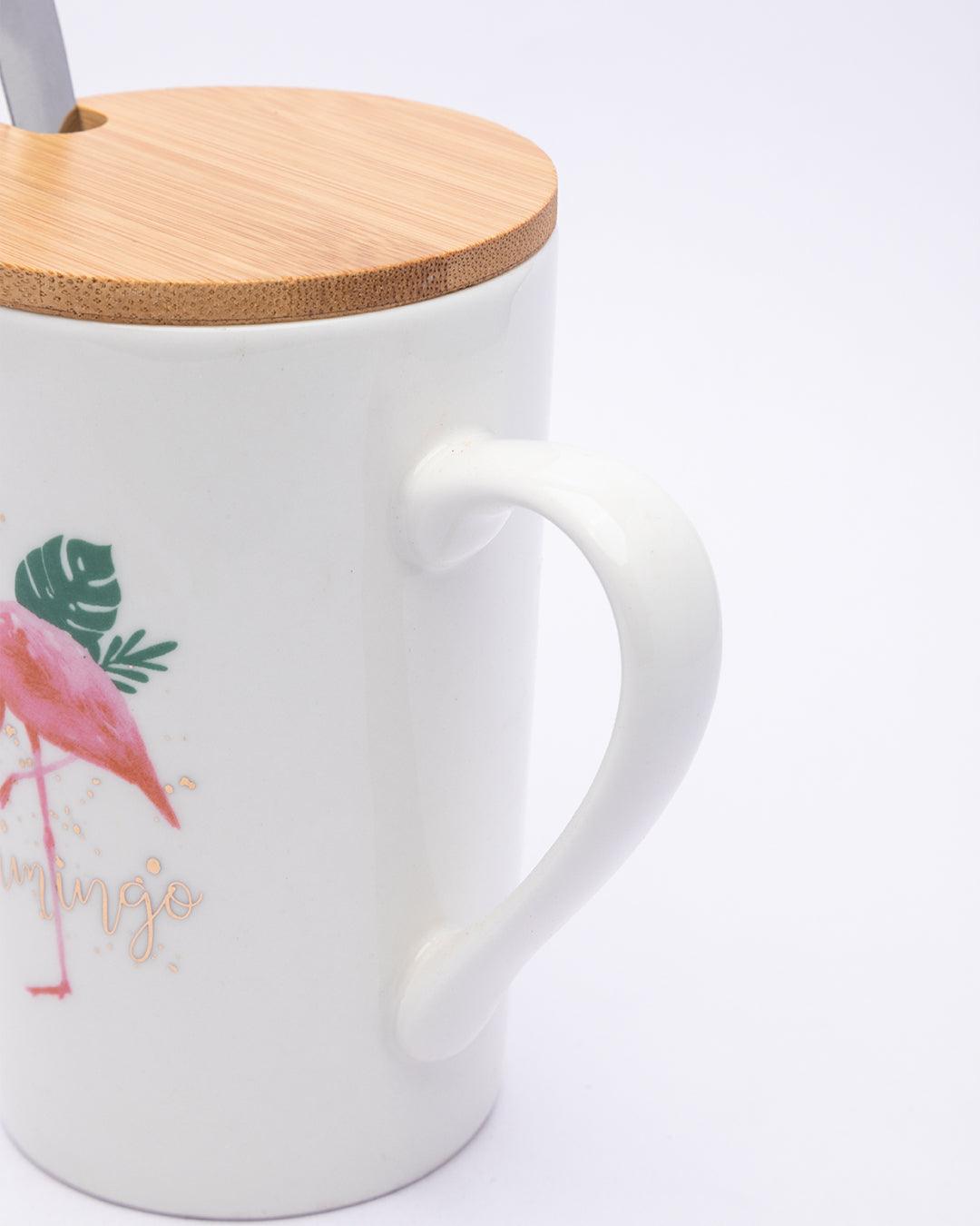 Mug with Lid & Spoon, Flamingo Print, Tea & Coffee Mug, Ceramic, White, 400 mL - MARKET 99