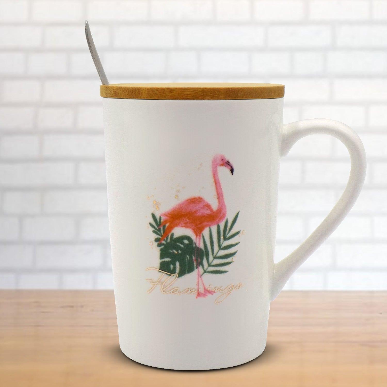 Mug with Lid & Spoon, Flamingo Print, Tea & Coffee Mug, Ceramic, White, 400 mL - MARKET 99