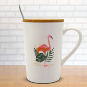 Mug with Lid & Spoon, Flamingo Print, Tea & Coffee Mug, Ceramic, White, 400 mL - MARKET 99