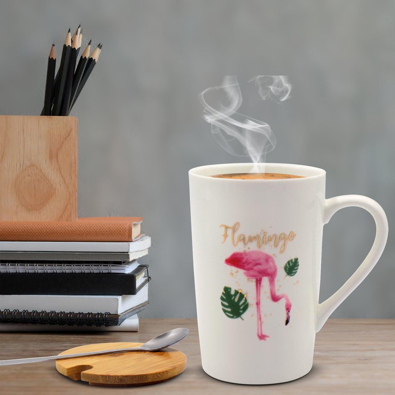 Mug with Lid & Spoon, Flamingo Print, Tea & Coffee Mug, Ceramic, White, 400 mL - MARKET 99