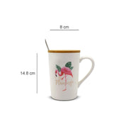 Mug with Lid & Spoon, Flamingo Print, Tea & Coffee Mug, Ceramic, White, 400 mL - MARKET 99