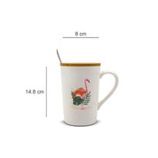 Mug with Lid & Spoon, Flamingo Print, Tea & Coffee Mug, Ceramic, White, 400 mL - MARKET 99