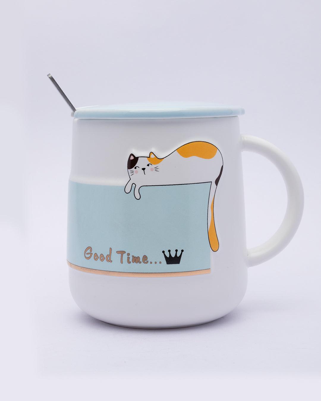 Mug, with Lid & Spoon, Tea & Coffee Mug, Blue, Ceramic, 450 mL - MARKET 99