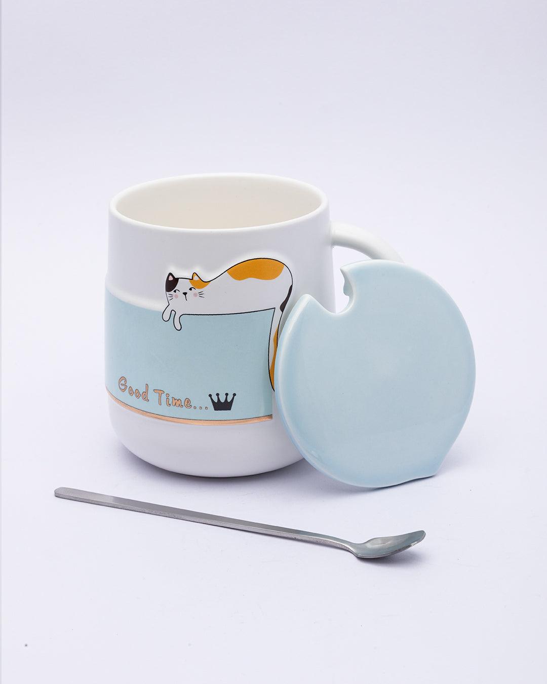 Mug, with Lid & Spoon, Tea & Coffee Mug, Blue, Ceramic, 450 mL - MARKET 99