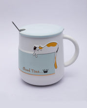 Mug, with Lid & Spoon, Tea & Coffee Mug, Blue, Ceramic, 450 mL - MARKET 99