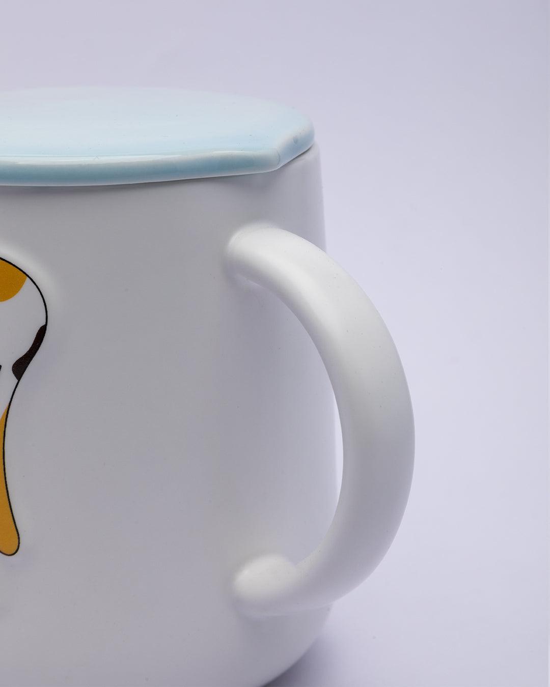 Mug, with Lid & Spoon, Tea & Coffee Mug, Blue, Ceramic, 450 mL - MARKET 99