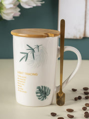 Mug with Lid & Spoon, Tea & Coffee Mug, Botanical Print, White, Ceramic, 360 mL - MARKET 99