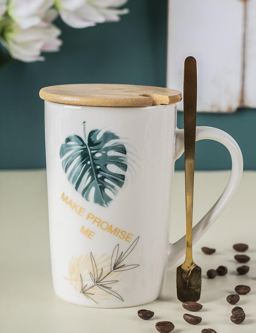 Mug with Lid & Spoon, Tea & Coffee Mug, Botanical Print, White, Ceramic, 360 mL - MARKET 99