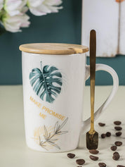 Mug with Lid & Spoon, Tea & Coffee Mug, Botanical Print, White, Ceramic, 360 mL - MARKET 99