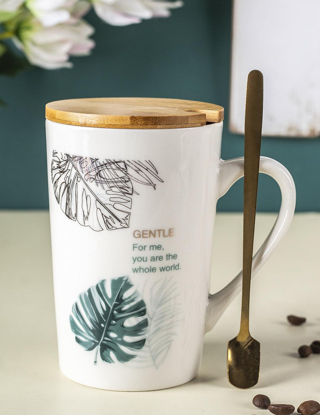 Mug with Lid & Spoon, Tea & Coffee Mug, Botanical Print, White, Ceramic, 360 mL - MARKET 99