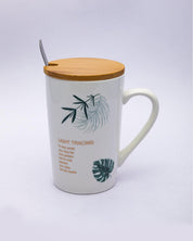 Mug with Lid & Spoon, Tea & Coffee Mug, Botanical Print, White, Ceramic, 360 mL - MARKET 99