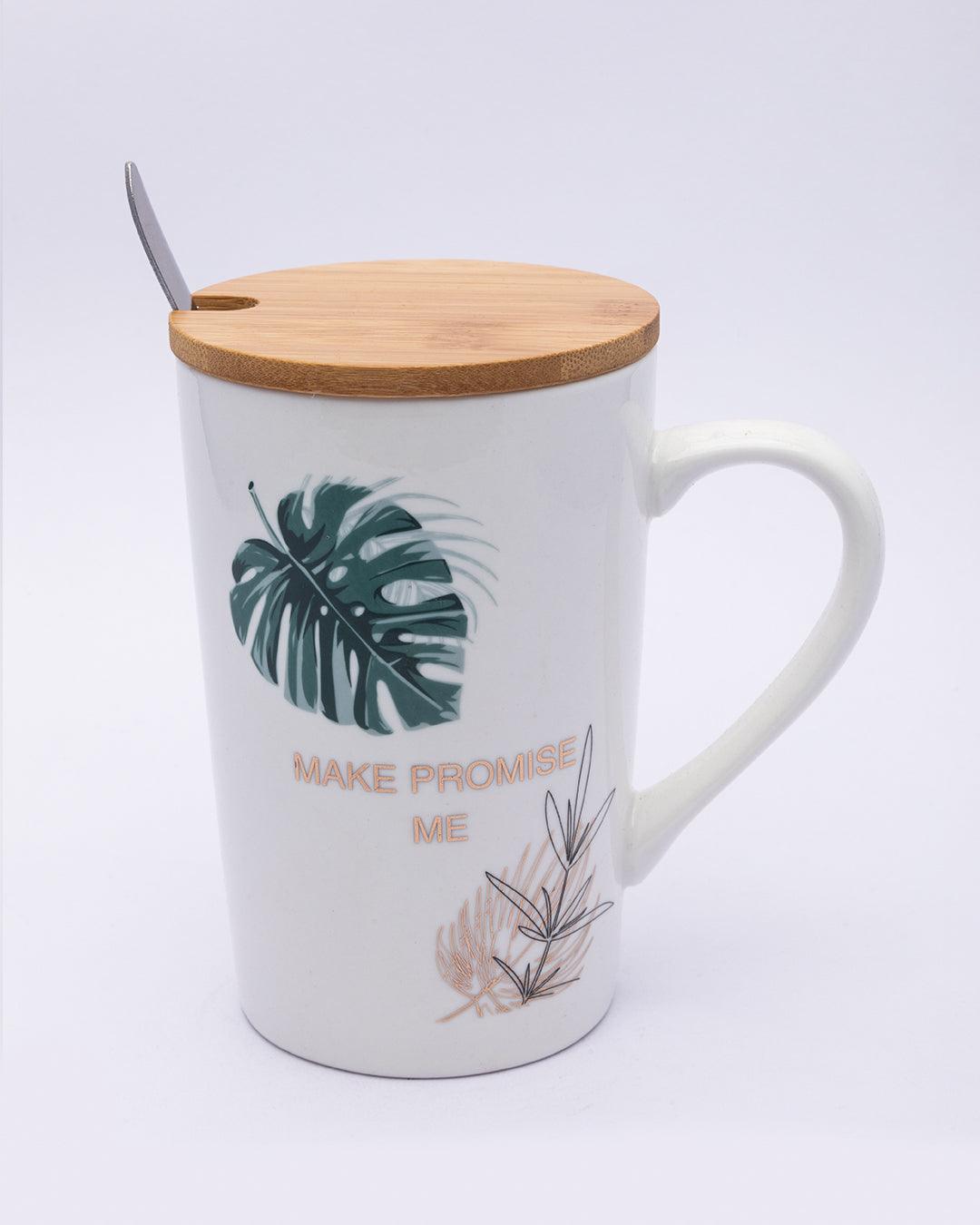 Mug with Lid & Spoon, Tea & Coffee Mug, Botanical Print, White, Ceramic, 360 mL - MARKET 99