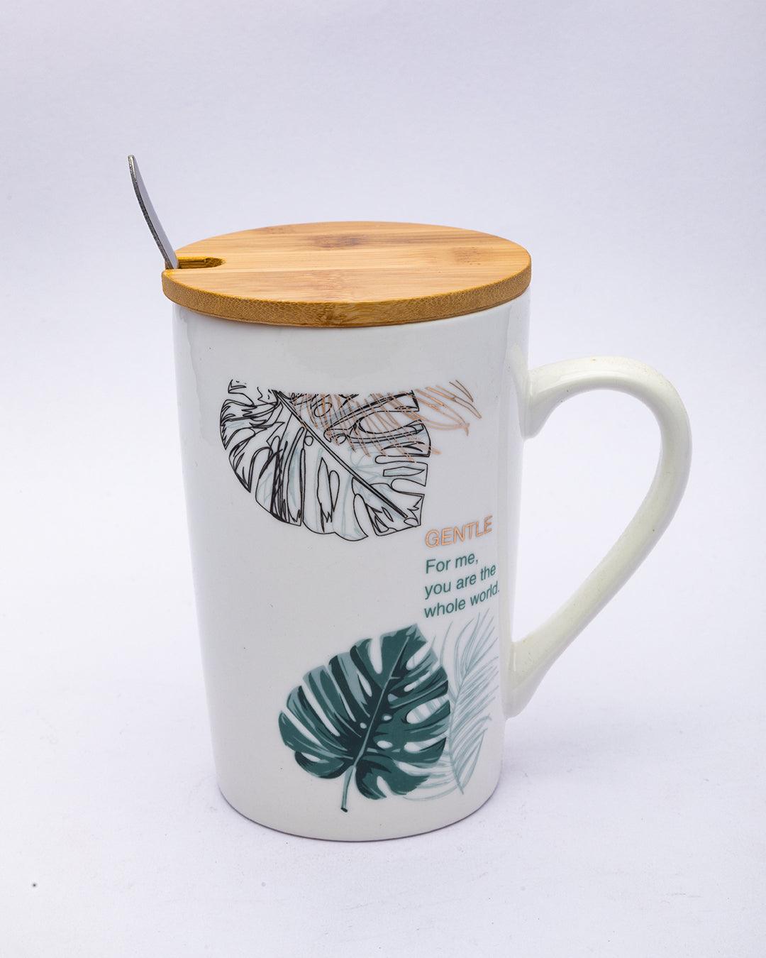 Mug with Lid & Spoon, Tea & Coffee Mug, Botanical Print, White, Ceramic, 360 mL - MARKET 99