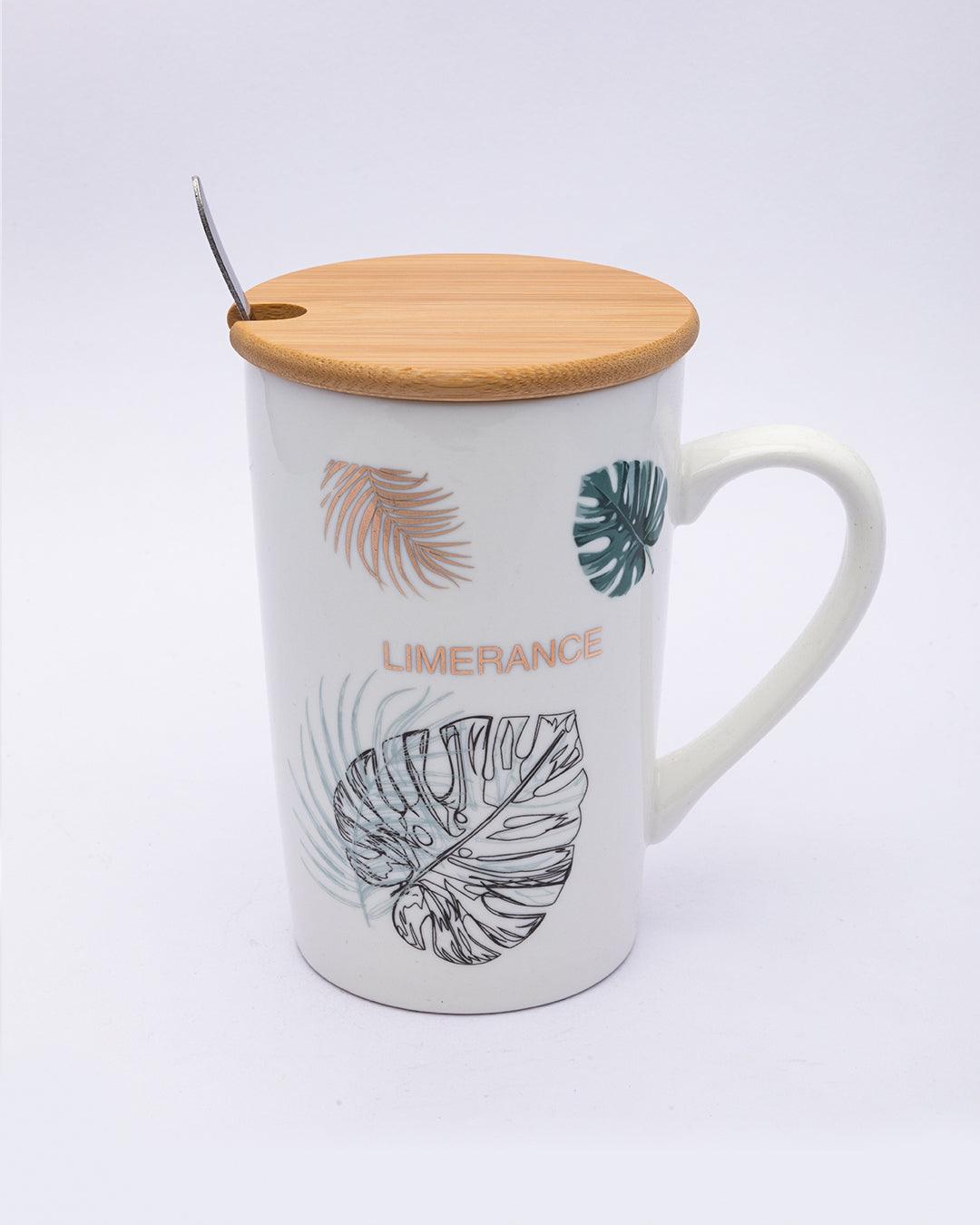 Mug with Lid & Spoon, Tea & Coffee Mug, Botanical Print, White, Ceramic, 360 mL - MARKET 99