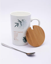 Mug with Lid & Spoon, Tea & Coffee Mug, Botanical Print, White, Ceramic, 360 mL - MARKET 99