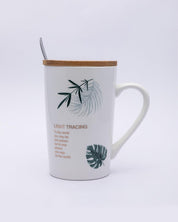 Mug with Lid & Spoon, Tea & Coffee Mug, Botanical Print, White, Ceramic, 360 mL - MARKET 99