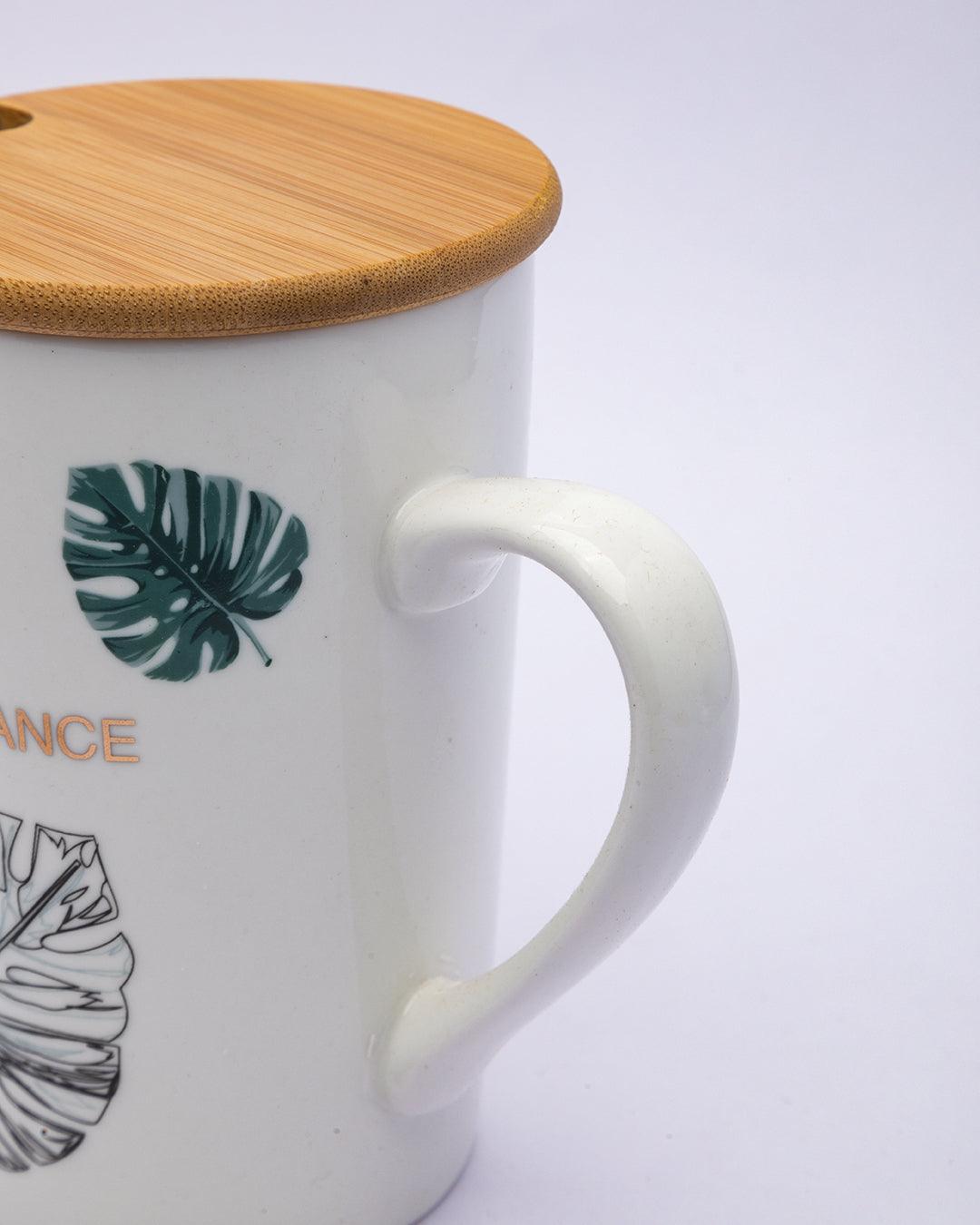 Mug with Lid & Spoon, Tea & Coffee Mug, Botanical Print, White, Ceramic, 360 mL - MARKET 99