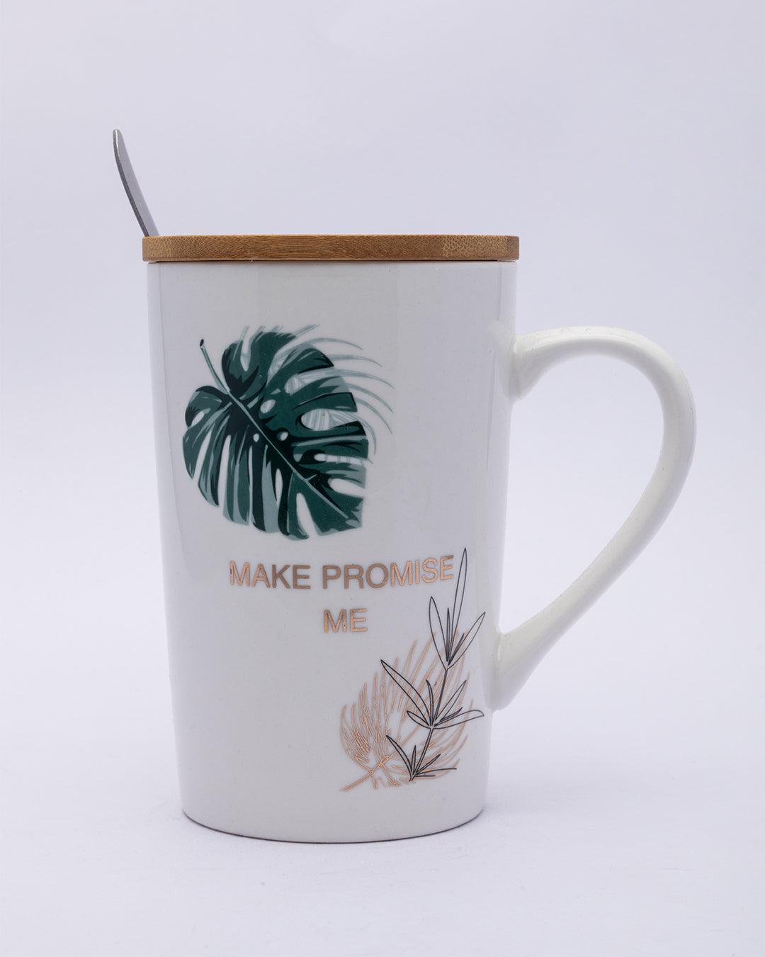 Mug with Lid & Spoon, Tea & Coffee Mug, Botanical Print, White, Ceramic, 360 mL - MARKET 99