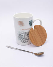 Mug with Lid & Spoon, Tea & Coffee Mug, Botanical Print, White, Ceramic, 360 mL - MARKET 99