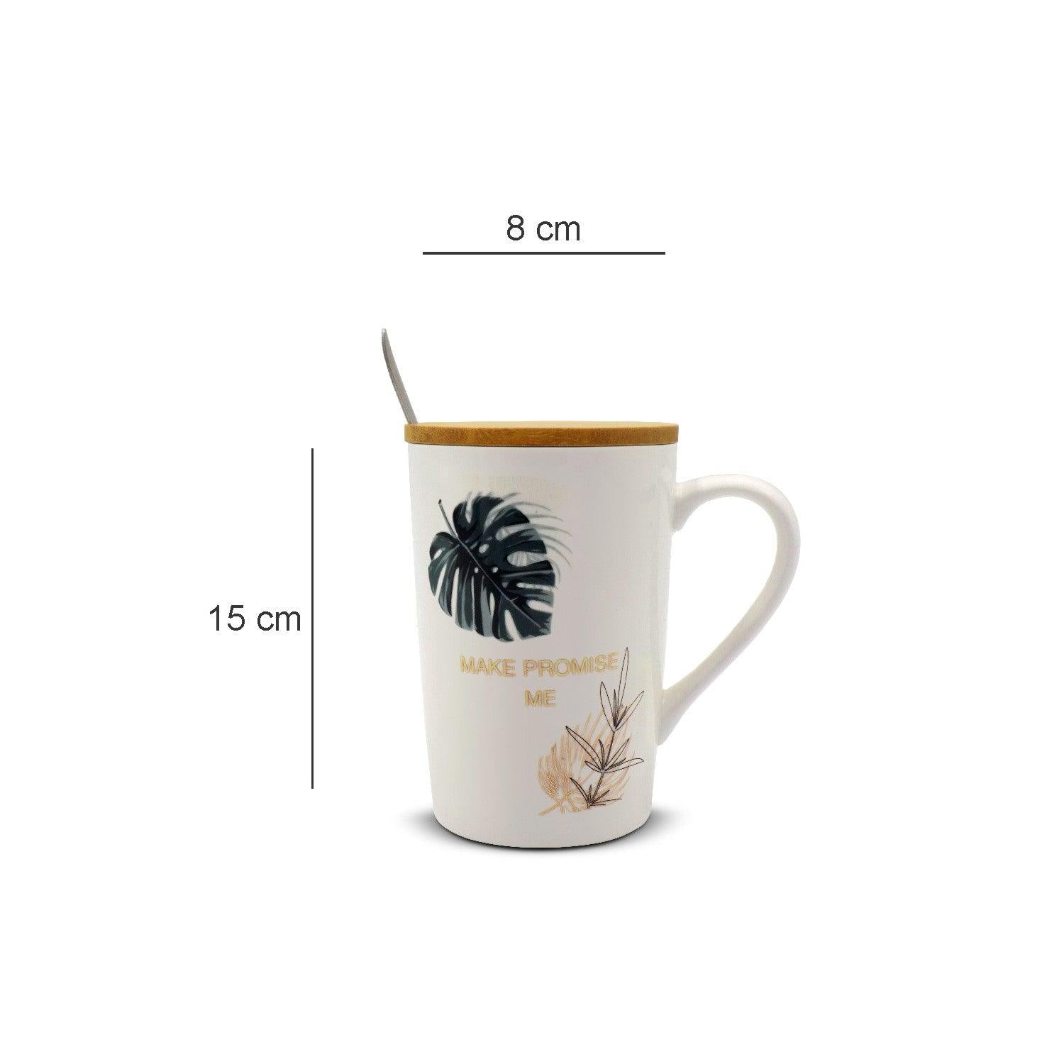 Mug with Lid & Spoon, Tea & Coffee Mug, Botanical Print, White, Ceramic, 360 mL - MARKET 99